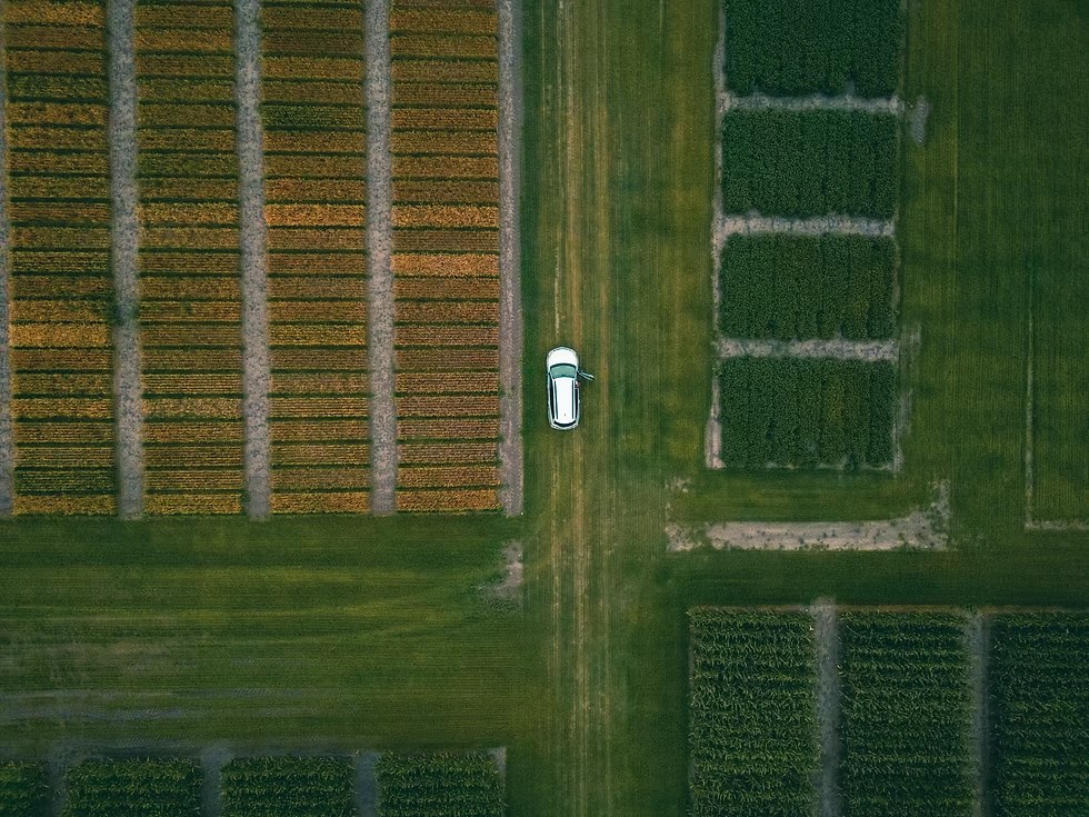 Vista aérea de área agrícola e fazenda